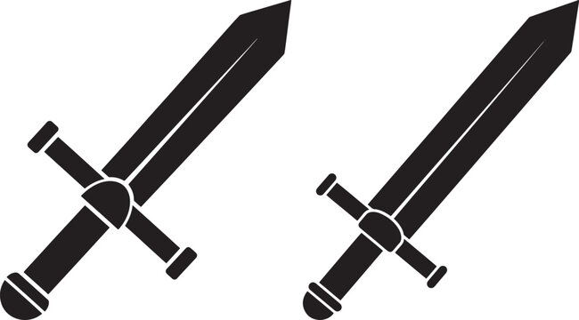 Two bold black silhouettes of medieval swords crossed, representing combat, history, and strength.
