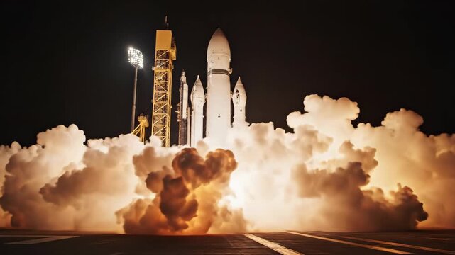 Rocket launch sequence showing powerful ignition and smoke billowing from the base as the spacecraft prepares for liftoff at a launch pad during nighttime