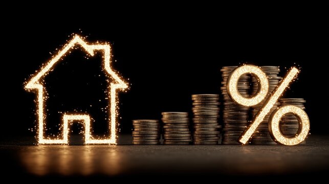 Glowing golden house outline and percentage sign with stacks of coins on black background