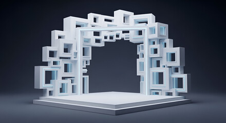 Fototapeta premium Futuristic white archway with glowing blue lines on dark background