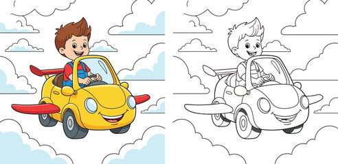 Cute cartoon boy driving a flying car in the clouds. Colorful illustration and black and white line art coloring book page for kids. © SHOHAG