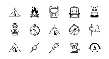 Fototapeta premium Outdoor Camping Icons Collection – High-Quality Editable Stroke Vector