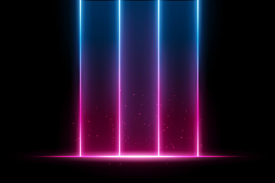 Two color vertical beams with particles composition. Four glowing columns, warm base line, scattered spark dots, smooth gradients, dark backdrop, neon luminous atmosphere.