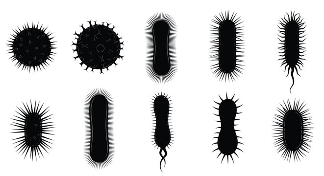 Collection of diverse stylized black silhouette vector illustrations depicting various shapes and forms of microorganisms bacteria and viruses isolated on white