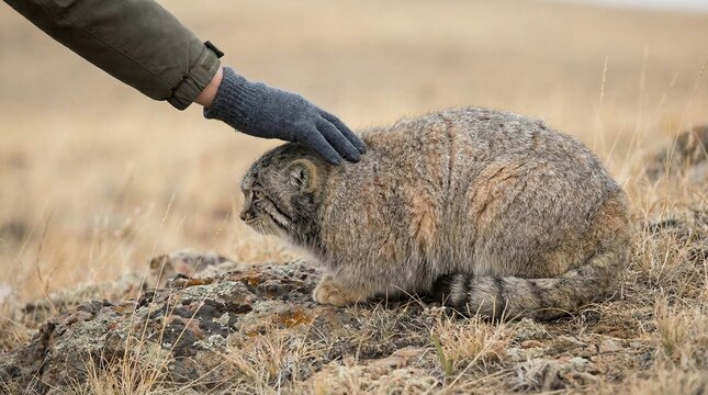 Human hand in a gray glove gently stroking the thick fur of a pallas's cat or manul outdoors, highlighting the interaction between human and wild animal in natural habitat