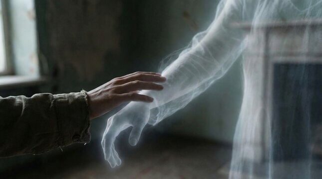 Human hand gently reaching out and touching a transparent, ghostly arm, symbolizing concepts of connection, loss, grief, afterlife, and the paranormal in an abandoned room