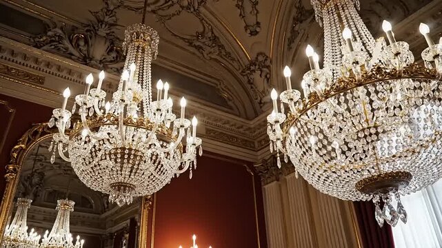 Ornate crystal chandeliers illuminate richly decorated opulent interior