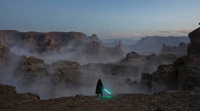 Mysterious robed figure standing on a rocky outcrop holding a glowing blue lightsaber, overlooking a vast desert canyon landscape covered in early morning fog