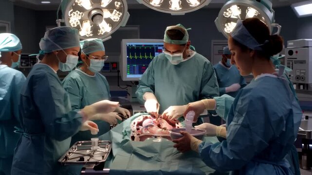 Surgeons and nurses perform heart transplant surgery in a modern operating room with bright lights and advanced medical tools