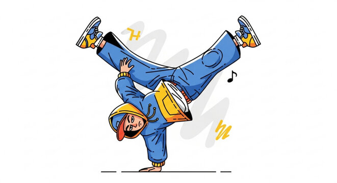 Breakdancer in blue and yellow outfit performing dynamic headspin on floor with music notes