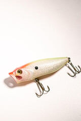 Fishing accessories bobbers, hooks, tackles, baits isolated on white background. Image for shop for fisherman. Close up © Krievietka