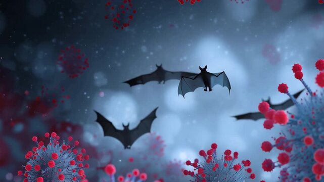 Bats and virus cells. zoonotic disease transmission, viral infection