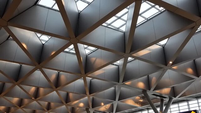 Geometric metal ceiling structure with skylights and interior lighting