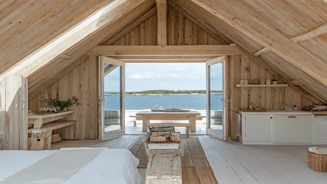 Serene wooden loft with panoramic sea view, featuring cozy interior and natural light