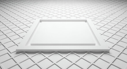Modern white square frame on geometric patterned floor for presentations