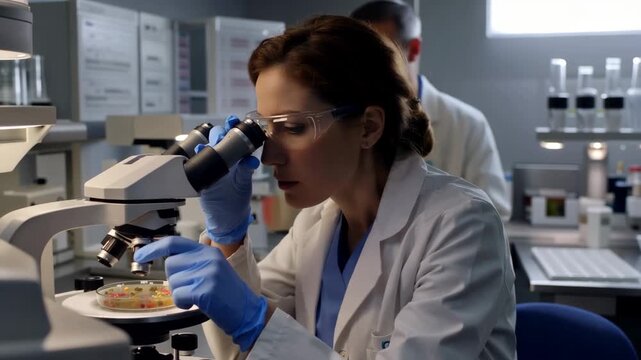 Microbiology laboratory technicians examine bacterial cultures and prepare antibiotic sensitivity testing plates to identify pathogens and drug resistance