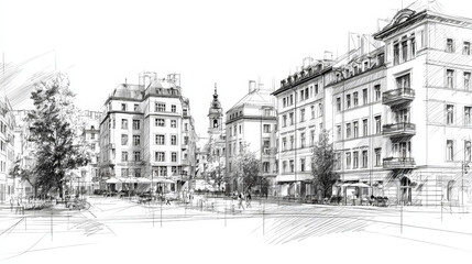 Obraz premium Architectural city sketch background, pencil drawing style