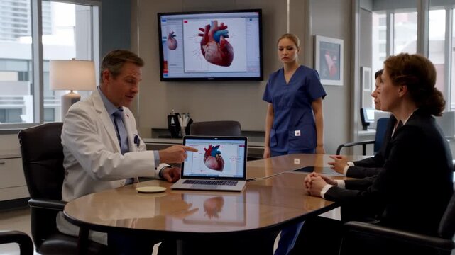 Nurse and doctor team discuss healthcare training and surgery planning in hospital boardroom with laptop presentation