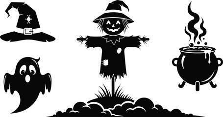 Halloween silhouette collection featuring a spooky scarecrow in a field, a bubbling witch cauldron, a ghostly spirit, and a pointed magic hat © MdAbdur