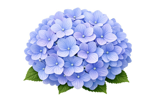 Blue hydrangea flower cluster blooming with green leaves, cut out on transparent background for spring and summer designs