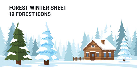 Fototapeta premium Cozy Cabin in Snowy Winter Forest Landscape with Pine Trees