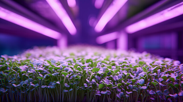 Microgreens Growing Under LED Lights in High-Tech Indoor Vertical Farm