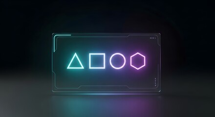 Neon shapes on glass panel in dark setting