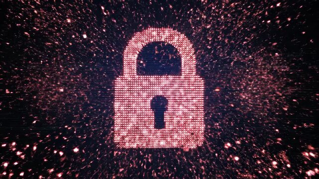 Digital lock icon illuminated with sparkling particles transitions from solid form to an exploding effect, showcasing a dynamic visual representation of security and protection
