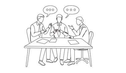 Group of three people working together continuous one line vector drawing. Students preparing to exams  doing homework. Coworking. Job meeting  discussion