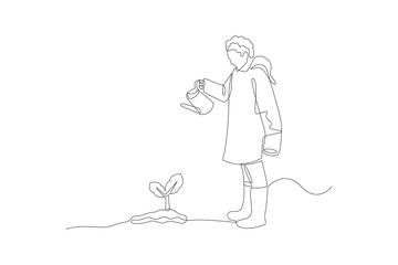 Obraz premium Person Watering Plant For Earth. Earth Day and Eco Campaign Concept. Single line draw design Video 4k. Footage graphic illustration