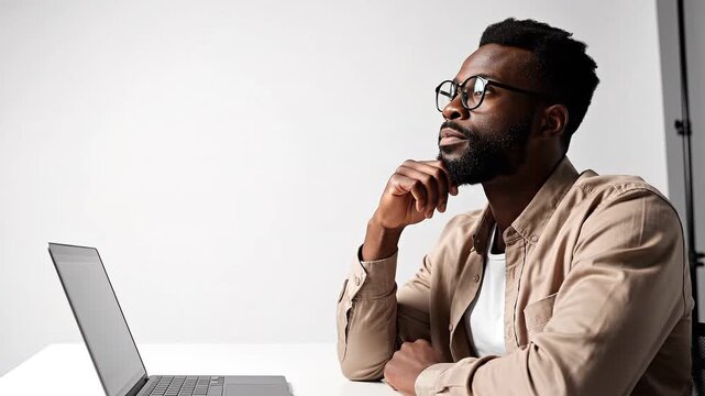 Thoughtful african american man in glasses and beige jacket sitting with laptop at white desk in studio