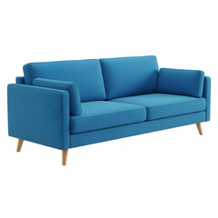 Fototapeta premium Modern teal sofa with tapered wooden legs for contemporary living room decor isolated on white background