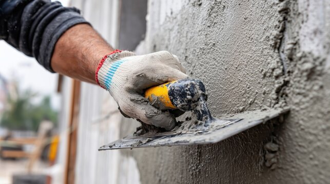 Worker hand in glove using trowel to apply cement plaster on wall
