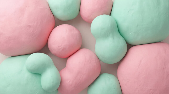 Abstract background with pink and mint green pastel clay shapes