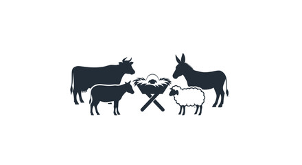 Obraz premium Nativity Scene Silhouette: Manger, Cow, Donkey, Sheep, Goat
