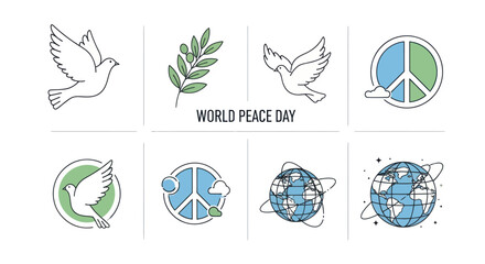 Set of World Peace Day Icons: Doves, Olive Branch, Peace Signs, and Earth Globe