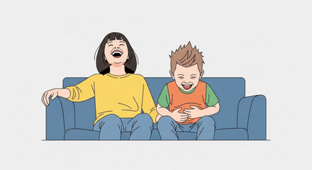 Laughing children sitting on blue couch happy kids enjoying leisure time together