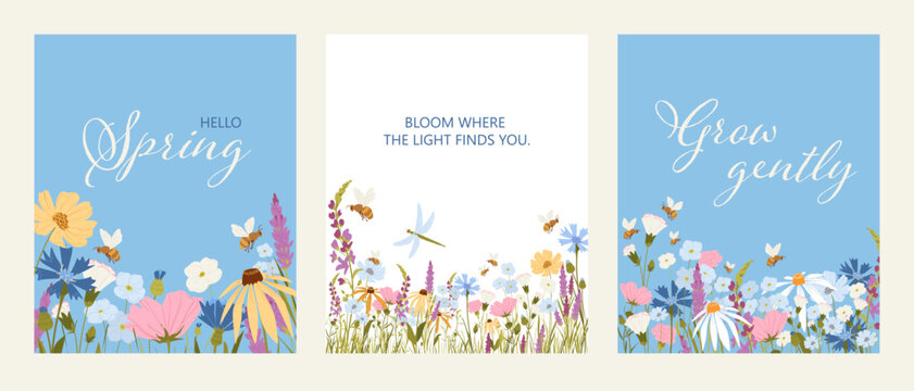 Wild Meadow Flowers Border Cards and Garden Blooms with Bees and Dragonfly in Soft Pastel Botanical Style.