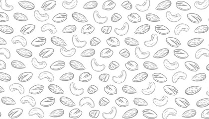 Mixed Nuts Seamless Pattern. Almond pattern. Cashew background. istachio Illustration. Hand Drawn Outline Vector. Repeating Food Background Design.