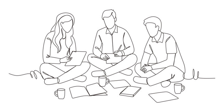 Group of three people working together continuous one line vector drawing. Students preparing to exams  doing homework. Coworking. Job meeting  discussion