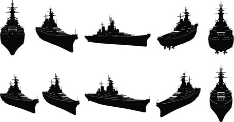 Military warship silhouette collection featuring battleship, destroyer and aircraft carrier vessels, navy fleet vector set isolated on white background for maritime design © Jakir