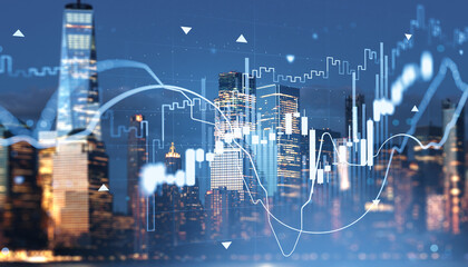 Futuristic stock market chart overlay with glowing lines and candlesticks on New York City skyline at dusk representing forex, crypto, and investment trends. © ImageFlow