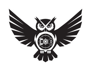 Obraz premium Majestic stylized owl with wings spread, featuring an intricate gear emblem on its chest, symbolizing wisdom and technological innovation in a sleek graphic design