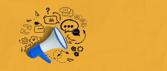 Megaphone with speech bubble icons and communication symbols on yellow background illustrating message sharing and creative communication concept.