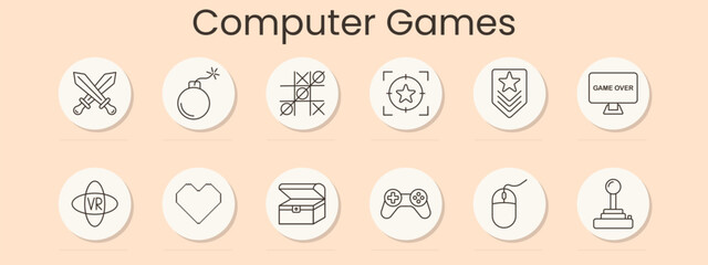 Computer games set icon. Blue outline badges, crossed swords, bomb, tic tac toe, target star, rank shield, game over screen, vr headset, heart, treasure chest, gamepad, mouse, joystick © Кирилл Макаров