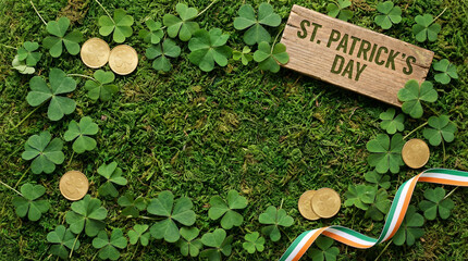 St patrick day flat lay, lucky green shamrocks and sign with text, copy space, template