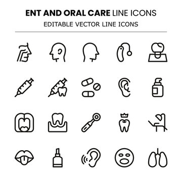 ENT and Oral Care Modern Line Icon Pack. Suitable for ear care, dental hygiene, and ENT procedures.