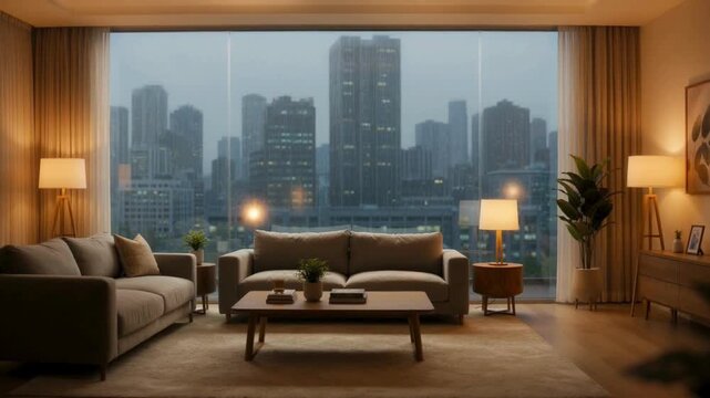 Cozy living room with a large window overlooking a city skyline at dusk, featuring comfortable sofas and warm lighting.