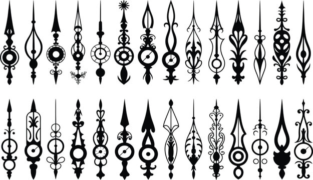 Vintage ornate clock hands vector set, decorative antique watch pointers collection, black silhouette design elements isolated on white background
