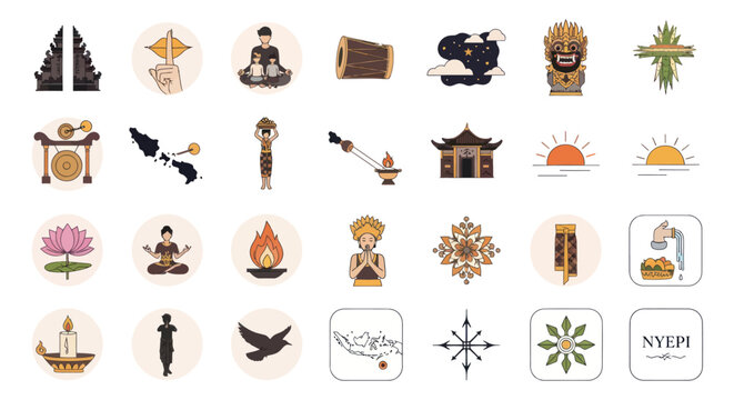 Balinese Culture Icons: Nyepi, Temples, Yoga, Meditation, Sunrise, Dance, Nature